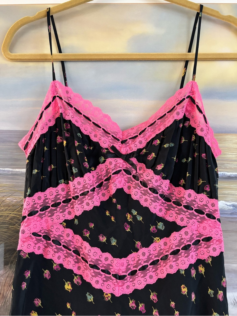 Vintage Betsey Johnson Y2K Silk Floral Maxi Gown Pink Lace Trim Size: 8 - Picture 4 of 15